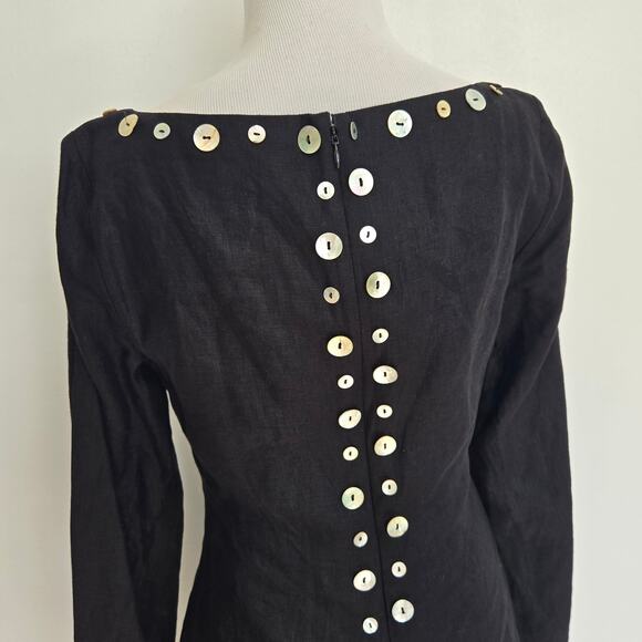 Staud Chiara Dress Linen Black Mother Of Pearl Buttonw Long Sleeve Women 6 - Picture 7 of 13